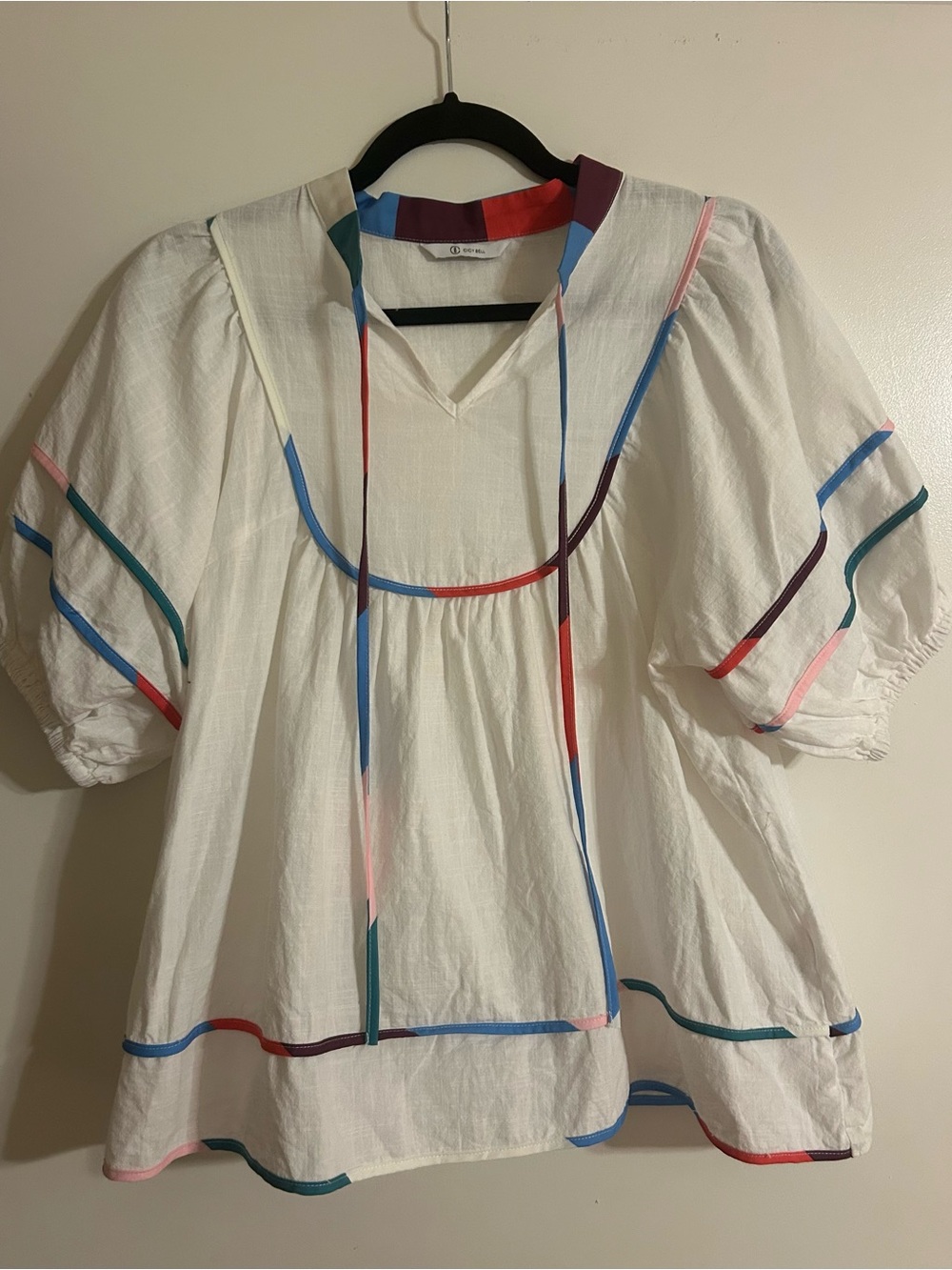 Cicy Bell White Multicolor Trim Peasant Blouse - Women's Top size S